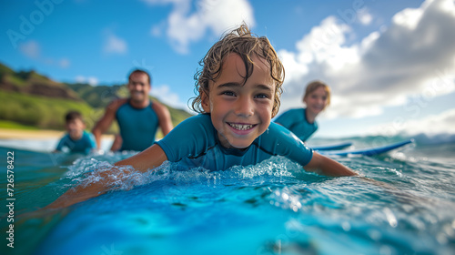 Young boys getting surfing lessons on the shores of Hawaii during their vacation there.