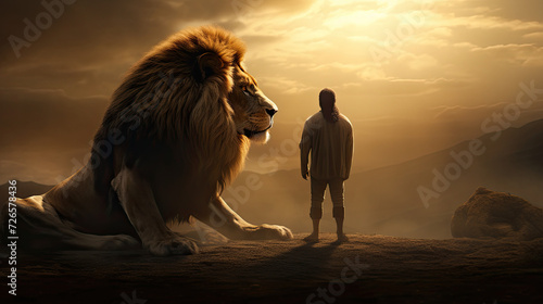 Fotografiet Young man standing in front of a male lion