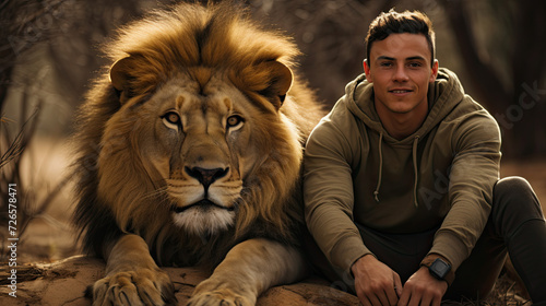 Young man standing in front of a male lion photo