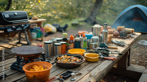 Outdoor camping food table with variety of cooking equipment set out.