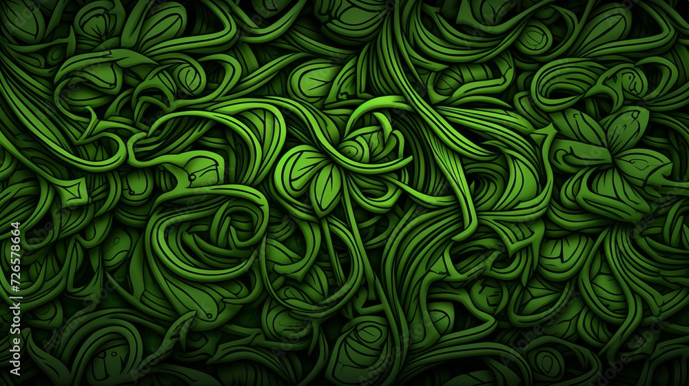 Intricate green abstract celtic patterns with intertwining knots on dark background Intricate green abstract celtic patterns with intertwining knots on dark background