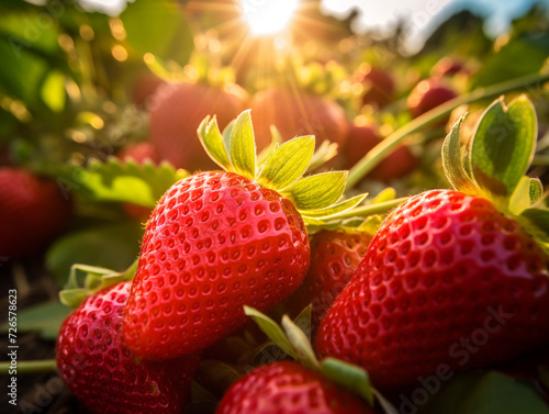 A close-up of a vibrant strawberry field with ripe berries ready for picking. 