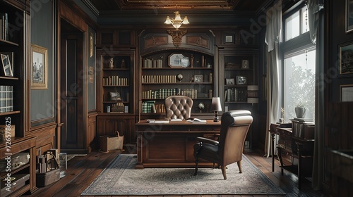 A timeless home office design that exudes class with its vintage wood paneling, tufted leather chair, and ornate bookshelves filled with volumes of books.