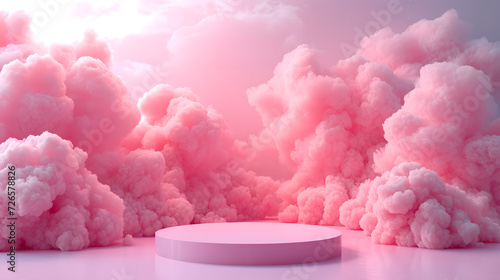 A pink cloud podium set against a blue sky with pink and purple clouds.