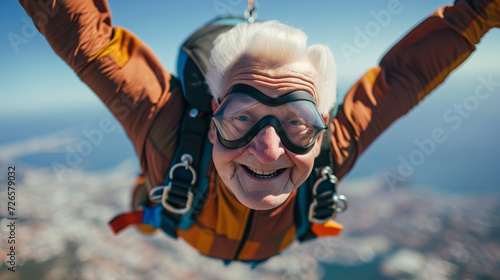 Old senior citizen sky diving by himself. Concept for adventurous spirit of older people.