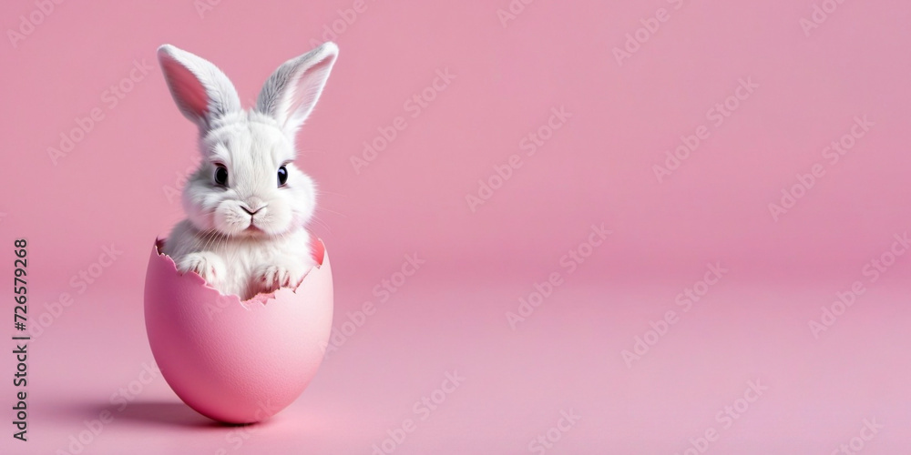 Obraz premium Happy Easter banner with adorable rabbit. Cute Easter bunny hatching from pink Easter egg on pink background with copy space.