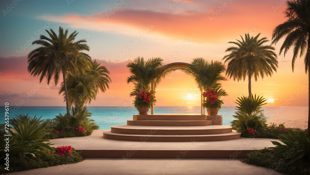 Podium in a tropical paradise, with palm trees and a vibrant sunset, offering a relaxing and exotic setting for a presentation.