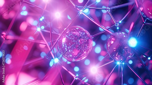 Digital representation of spherical structures connected by a complex neon-lit network, depicting a futuristic or scientific concept.