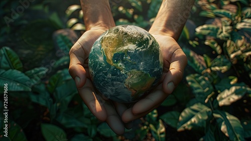 Human hands cradle a small globe against a backdrop of lush green leaves, symbolizing environmental care and global responsibility.