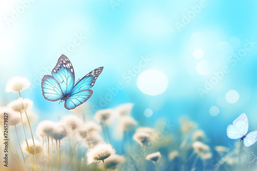 Beautiful blurred spring nature background with blooming meadow and blue sky on a sunny day. Butterfly and white wild flowers, with soft selective focus. 