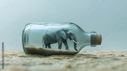 Elephant trapped in a bottle. Surreal minimal concept. 