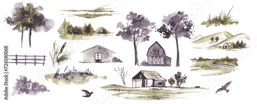 Abstract landscape with an old house, grasses, trees, birds and a fence. Watercolor illustration on a transparent background.