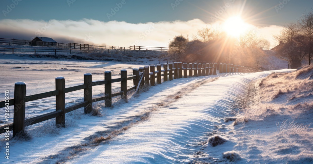 Fototapeta premium A Panoramic View of Sunlight Illuminating a Wooden Fence in a Snowy Landscape with Tire Tracks