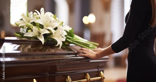 Woman with white lily flowers and coffin at funeral in church - People and mourning concept photo