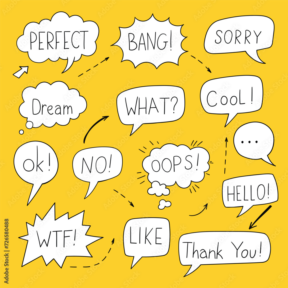 Vector set of speech bubbles in comic style. Hand drawn set of dialog windows with phrases: Perfect, Bang, What, Cool, WTF, hello, oops
Vector set of speech bubbles in comic style. Hand drawn set of dialog windows with phrases: Perfect, Bang, What, Cool, WTF, hello, oops