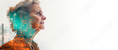 Double exposure, profile of elderly caucasian woman city, data, symbol of demographic transformation, aging population. Baby boomers working longer, arising challenges for evolving working force. photo