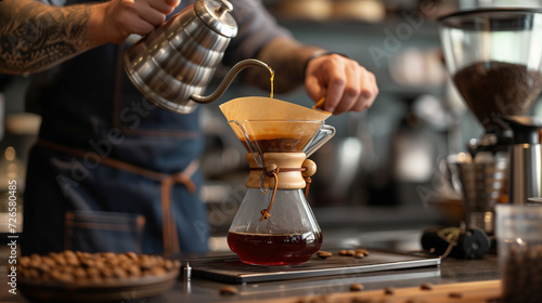 Closeup of man brewing coffee using the classic pour over method by hand.