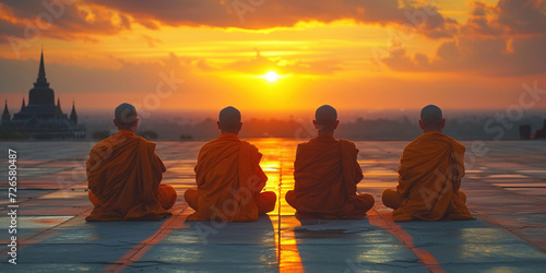 Serene warrior find spirituality and wellbeing. Mental health concept. Buddhist monks young teenager students children in meditation zen look at sunset or sunrise background