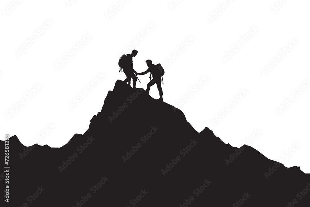 Vector silhouette of a man on top of a mountain with a backpack. Team work concept