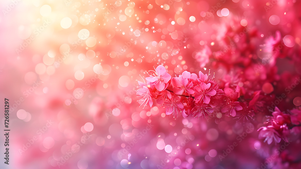 a close-up of a flower with dew drops on it, set against a pink background with bokeh effects.