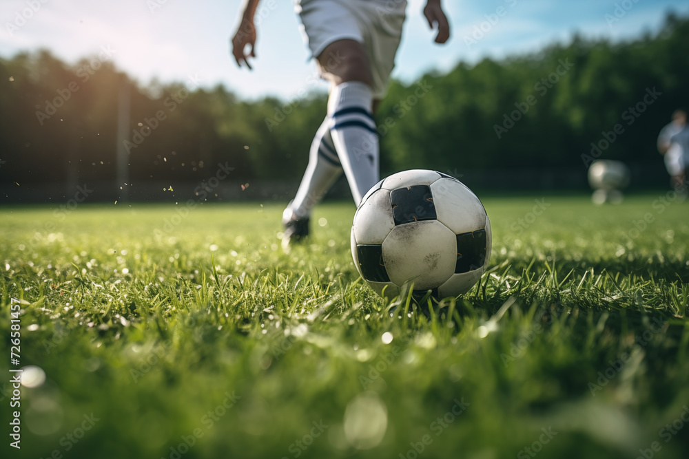 Jugador de futbol soccer driblando una pelota sobre el cesped de una cancha. Creado con IA. - obrazy, fototapety, plakaty 