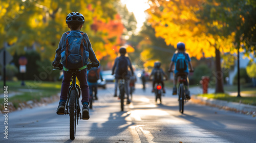 Kids riding bikes to school in the morning down the street.  photo