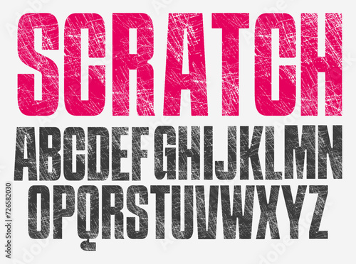 Scratched Condensed Font with a worn, scratched texture. Detailed individually textured characters. Unique design font