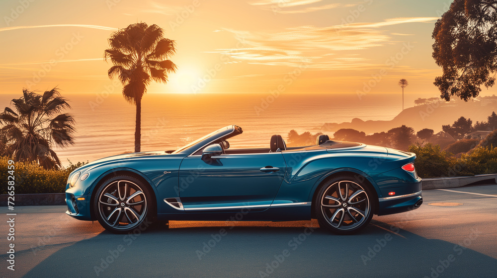 Blue elegant convertible sedan on the road with a scenic ocean view during sunset.