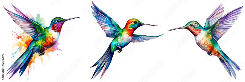 Set of watercolor hummingbird, isolated on transparent background