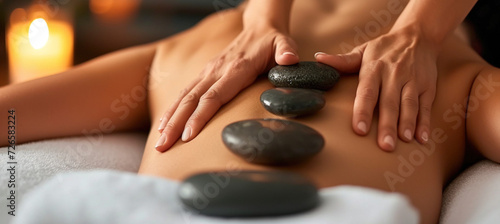 Close-up woman's back enjoying exotic hot stones spa massage. Relaxed woman lying on a spa bed while the masseuse is putting hot stones on her back. Spa treatment concept