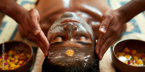 Care about yourself beauty ayurveda treatment procedures concept. Body skin and hair care. Indian young man in spa ayurvedic salon relaxing after taking massage treatment with her eyes closed photo