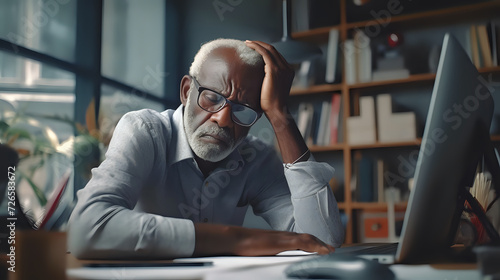  Overcoming Burnout: Senior Professional at WorkA senior professional appears deeply fatigued, resting his head on his hand at his desk, a poignant depiction of workplace exhaustion 