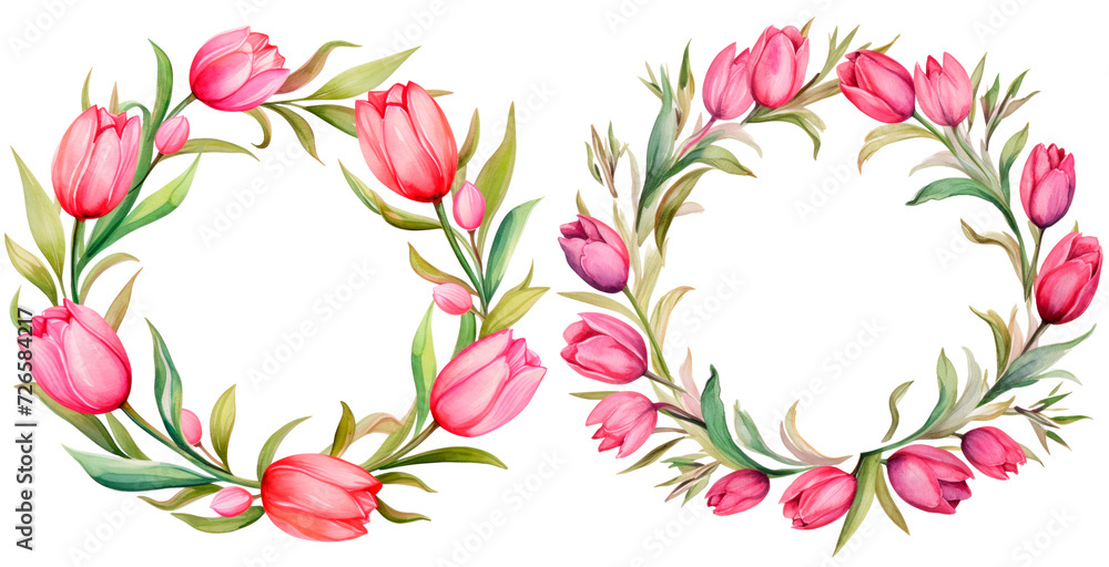Obraz premium Set of watercolor tulip wreath, isolated on transparent background. Floral watercolor illustration, spring flowers