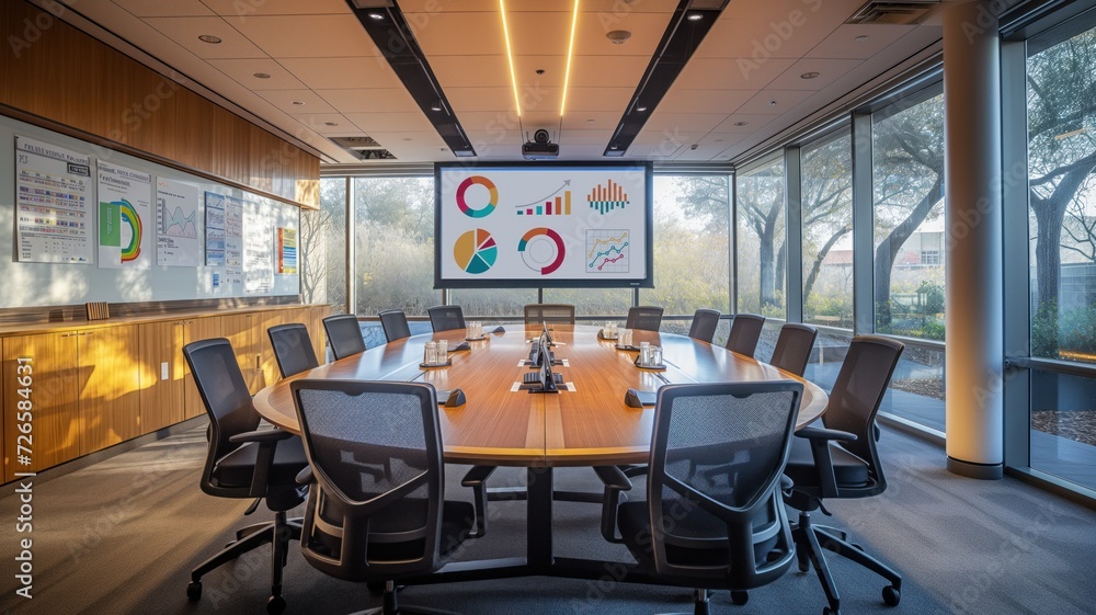 modern, well-lit boardroom with a large oval table surrounded by ergonomic office chairs modern, well-lit boardroom with a large oval table surrounded by ergonomic office chairs