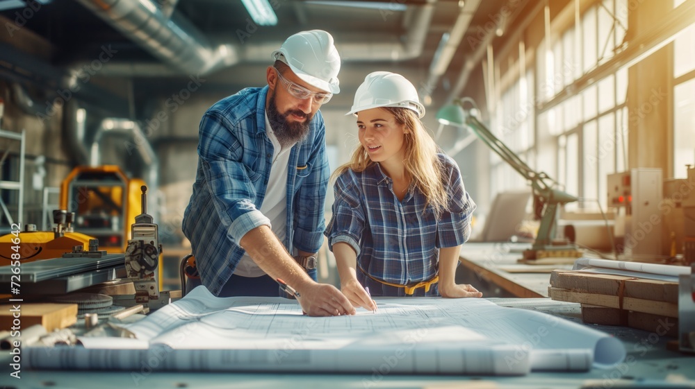 two engineers, a man and a woman studying blueprints on a workbench in an industrial setting. construction, teamwork and engineering advice. two engineers, a man and a woman studying blueprints on a workbench in an industrial setting. construction, teamwork and engineering advice.