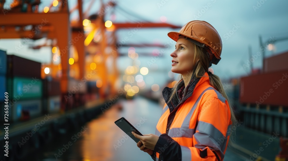 logistics, shipping or port management. a female engineer in an orange jacket and protective helmet holding a tablet at a sea container terminal. - obrazy, fototapety, plakaty 