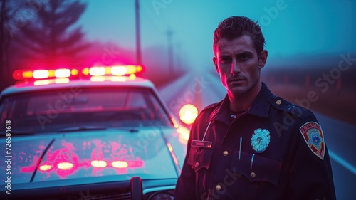 policeman standing in front of a patrol car with flashing red lights, at dusk or night, with a serious expression on his face