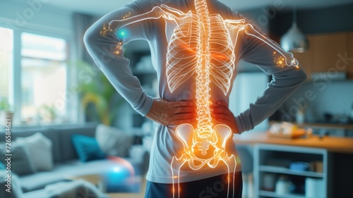 person with superimposed skeletal structure graphics emphasizing the spine and pelvis, suggesting back pain or spinal health