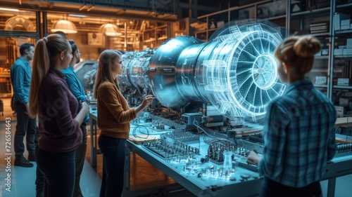 group of people watching a holographic projection of a large complex machine, perhaps a turbine or engine. engineering, technology or education.