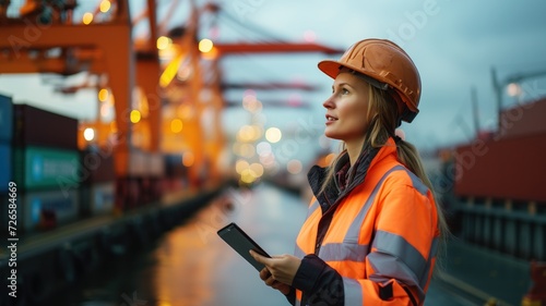 logistics, shipping or port management. a female engineer in an orange jacket and protective helmet holding a tablet at a sea container terminal. photo