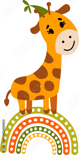 A cute drawn giraffe on a rainbow.