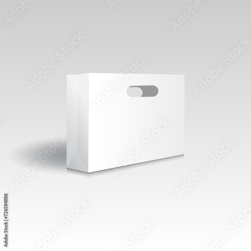 Blank white paper shopping bag or gift bag with punch hole handles mockup template. Isolated on gradient grey  background with shadow. Ready to use for branding design. Realistic vector illustration.
