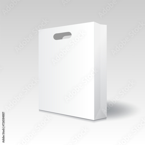 Blank white paper shopping bag or gift bag with punch hole handles mockup template. Isolated on gradient grey background with shadow. Ready to use for branding design. Realistic vector illustration.