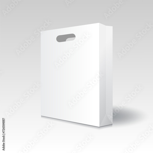 Blank white paper shopping bag or gift bag with punch hole handles mockup template. Isolated on gradient grey  background with shadow. Ready to use for branding design. Realistic vector illustration.