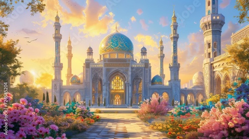 mosque with flowers under blue sky