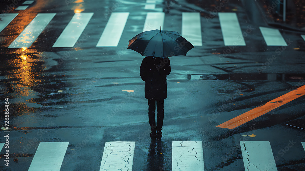 man standing with umbrella on pedestrian crossing in rainy day Stock ...