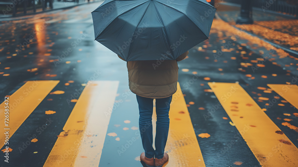 man standing with umbrella on pedestrian crossing in rainy day Stock ...