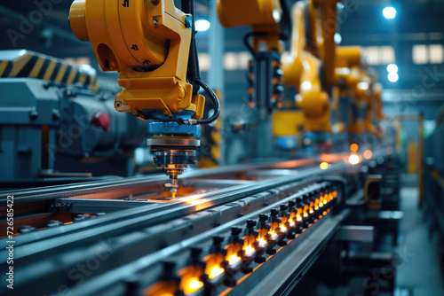 Closeup yellow arm robot welding metal part in industry factory