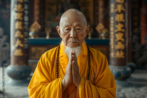 senior Buddhist monk with hands praying in Buddhist temple