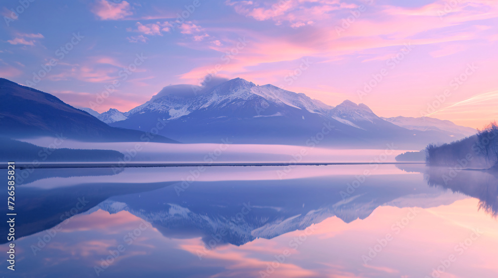 Early twilight skies painted with soft hues above a mirrored reflection of snow-capped mountains on a tranquil lake.
